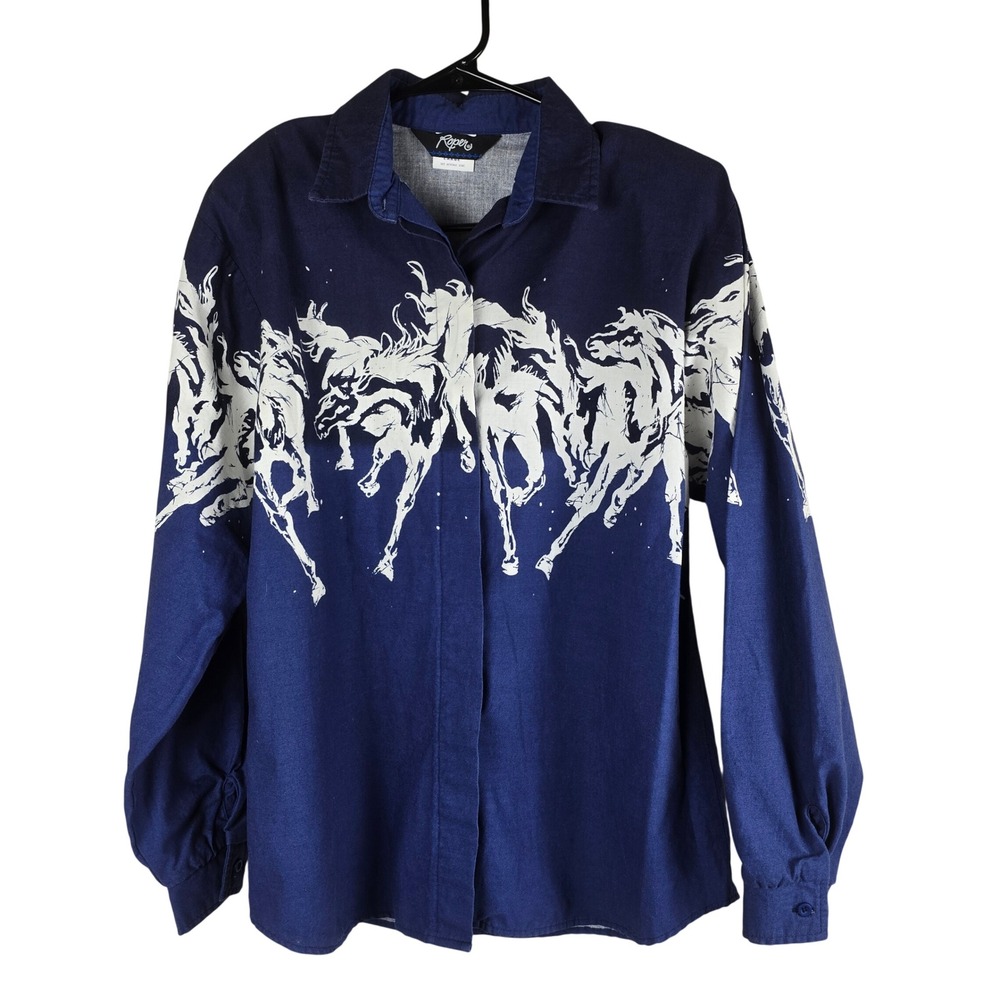 Vintage Roper Western Shirt Large Blue White Wild Horses Made in‎ USA Cotton